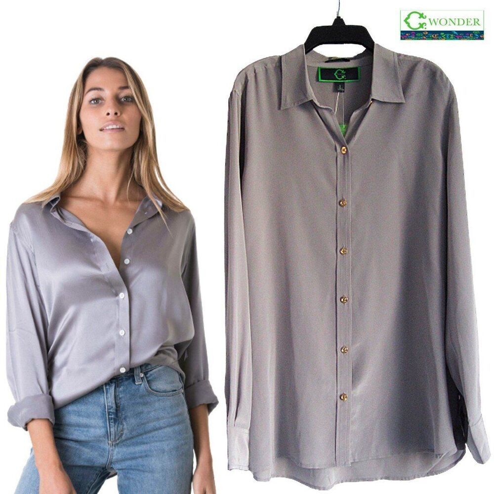 C Wonder Silk Button Down Shirt L NWT Gray Classic Luxe Blouse